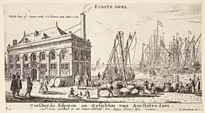 Amsterdams havn med vægterboden. Titelblad til "Forskellige skibe og udsigter fra Amsterdam" by Reinier Zeeman