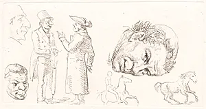 Andet prøveblad i stylografi med munkehoved, heste m.m. by Wilhelm Marstrand
