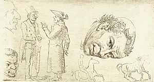 Andet prøveblad i stylografi med munkehoved, heste m.m. by Wilhelm Marstrand