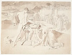 Andromache og sønnen Astyanax sammen med Pyrrhus ved Hectors sarkofag