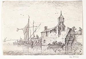 Anløbssted med bygning med et tårn by Anthonie Waterloo