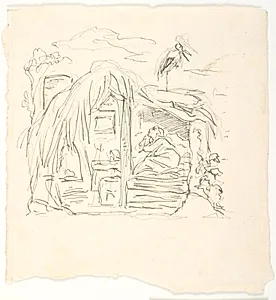 Anna Dorthea på dødslejet. Illustrationsudkast til H.C. Andersen, Vinden fortæller om Valdemar Daae og hans Døtre by Lorenz Frølich
