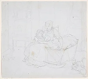 Anne med to børn, t.h. to katte by Elisabeth Jerichau Baumann