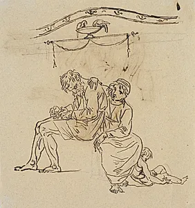 Antik figurgruppe, en gammel mand, der sidder og sover, en kvinde og et barn. Foroven en dekoration by Nicolai Abildgaard