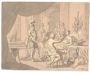 Antik scene. En fornem dame smykkes af andre damer foran en hjelmklædt kriger by Erik Pauelsen