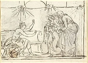 Antik scene. En siddende kronet helt taler til en gruppe af fire figurer, heriblandt en mindre pige og en gammel mand by Nicolai Abildgaard