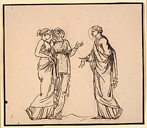 Antik scene med tre figurer, en mand der taler med to kvinder by Nicolai Abildgaard