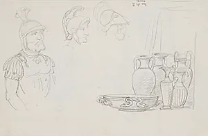 Antikke vaser og hjelmklædt kriger by Wilhelm Marstrand