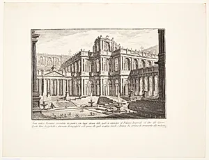 Antikt romersk forum omgivet af portikoer, med loggiaer, hvoraf nogle forbinder sig med det kejserlige palads andre med fængslerne ... by Giovanni Battista Piranesi