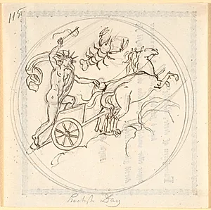 Apollo styrende sin solvogn opad; foroven Krebsens himmeltegn; cirkelrundt indrammet; fremstiller den korteste dag by Nicolai Abildgaard