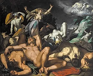 Apollon og Diana straffer Niobe ved at dræbe hendes børn by Abraham Bloemaert