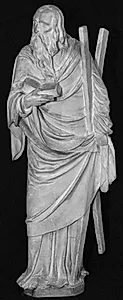 Apostlen Andreas med X-formet kors ved v. side, i h. hånd biblen. 14 statuetter fra St. Sebaldus kirken, Nürnberg, helgenskrin: de 12 apostle, samt portræt af Peter Vischer og St. Sebaldus by Ubekendt