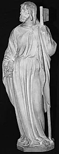 Apostlen Jacob Minor med stav i v. hånd, i h. biblen. 14 statuetter fra St. Sebaldus kirken, Nürnberg, helgenskrin: de 12 apostle, samt portræt af Peter Vischer og St. Sebaldus by Ubekendt