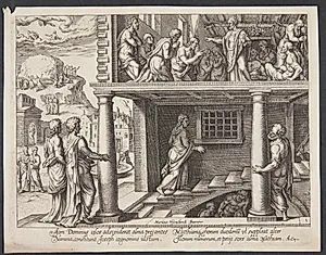 Apostlene vender tilbage fra Oliebjerget, samt udnævnelsen af Matthias til apostel by Philips Galle