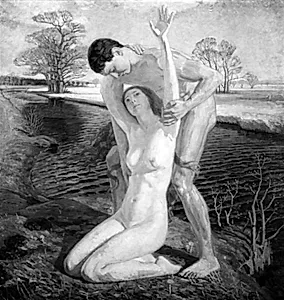 April. Et ungt par i et landskab