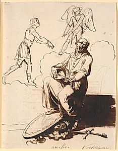 Ariosto, siddende med en lut, ved hans fødder våben, i baggrunden drager Amor en mand efter sig by Nicolai Abildgaard