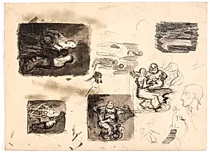 Ark med forskellige studier, bl.a. til "En mand overrasker en kvinde" og "Diogenes søger et menneske" by Oluf Hartmann