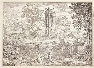 Arkadisk landskab med et mausoleum med seks søjler by Abraham Genoels