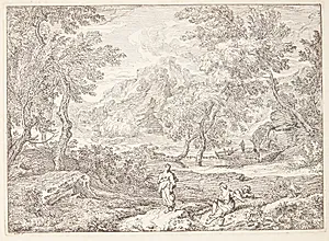 Arkadisk landskab med tre kvinder by Abraham Genoels