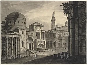 Arkitekturfantasi. Antik by med et torv, tempelfacade, samt t.v. en kuppelbygning i ruiner by Robert Adam