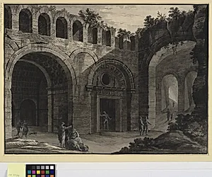 Arkitekturfantasi. Antik ruin med figurer, heraf nogle i antik dragt