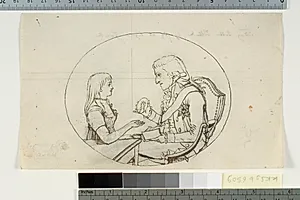 Arveprins Frederik med arveprinsen (Chr. VIII) viser et portræt af den afdøde arveprinsesse Sofie Frederikke by Gerhard Ludvig Lahde
