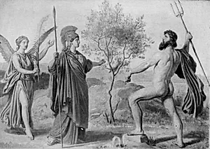Athene, fulgt af sejsgudinden Nike, tvistes med Poseidon om besiddelsen af Attika by Constantin Hansen