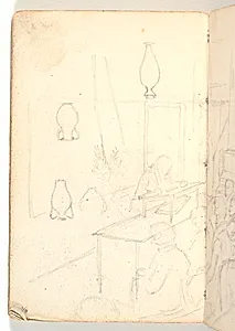 Auditorium med oplæser og tilhørere samt rids af palme og vase by Martinus Rørbye