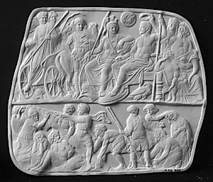 Augustus siddende med bl.a. Dea Roma. Herunder rejsning af trofæ og fanger, Gemma Augustea by Ubekendt