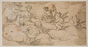 Aurora siddende i skyerne omgivet af putti, der binder kranse. To sider fra en skitsebog by Ubekendt