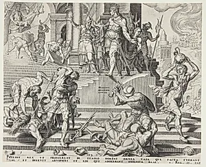 Baal-templets ødelæggelse og nedslagtningen af dets præster by Philips Galle