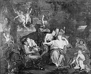 Bacchus og Ariadne sidder sammen i et landskab omgivne af amoriner, bacchantinder og satyrer by Ubekendt