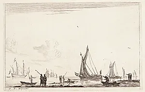 Både for sejl og et orlogsskib for anker by Reinier Zeeman