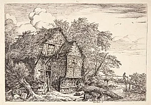 Bæk med et faldefærdigt bondehus og en bro. "Den lille bro" by Jacob Isaacksz. van Ruisdael