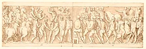Bagerste del af kejserens og hans legionærer og garde på march; romerne opfører en lejr; romerne og kejseren på march by Giovanni Guerra