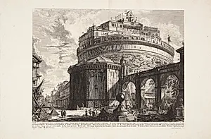 Bagsiden af Castel Sant' Angelo (Hadrians mausoleum), i forgrunden stabler af kanonkugler by Giovanni Battista Piranesi