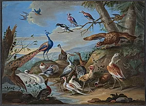 Bakkelandskab med påfugl, ørn og andre fugle by Jan van Kessel (I)