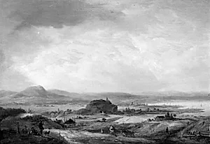 Bakket landskab med bønderhuse. I baggrunden en sø by Johann Salomon Wahl