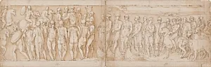 Barbarer hylder kejseren; germanere og sarmater bringes over Donau med skib by Giovanni Guerra