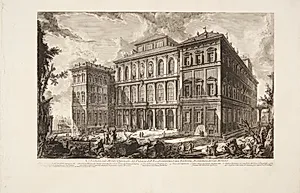 Barberini-familiens palazzo på Quirinall, tegnet af Bernini, med en sammenstyrtet obelisk i forgrunden by Giovanni Battista Piranesi