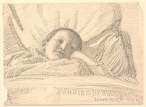 Barn (lille pige?) der ligger i sengen by Niels Bjerre