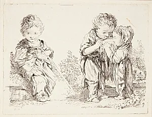 Barn siddende på en jordklump og De små mælkedrikkere by Ubekendt