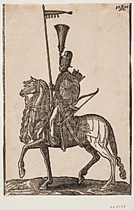 Bereden soldat, profil mod v.; lanse med vimpel, bue ved siden, cirkulært skjold, pilekogger; hovedbeklædning med fjerbusk by Melchior Lorck