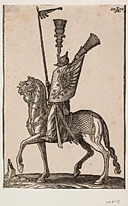 Bereden soldat, profil mod v.; lanse med vimpel, metalhjelm med meget høj fjerbusk, sjold med ørnevinge og en yderligere høj fjerbusk by Melchior Lorck