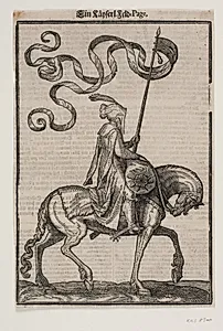Bereden standartbærer, profil mod h.; standarten er to-fliget, rytteren ubevæbnet, på hesteryggen foran ham en pølseformet bagagesæk by Melchior Lorck