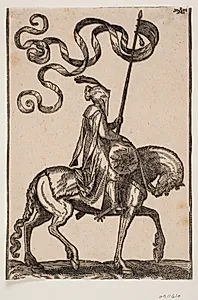 Bereden standartbærer, profil mod h.; standarten er to-fliget, rytteren ubevæbnet, på hesteryggen foran ham en pølseformet bagagesæk by Melchior Lorck