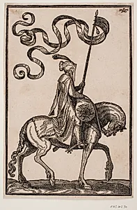 Bereden standartbærer, profil mod h.; standarten er to-fliget, rytteren ubevæbnet, på hesteryggen foran ham en pølseformet bagagesæk by Melchior Lorck