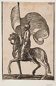 Bereden standartbærer, profil mod v.; han bærer sværd ved sin v. side by Melchior Lorck