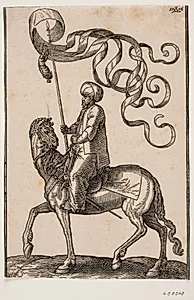 Bereden standartbærer, profil mod v.; standarten er 3-fliget og under den er ophængt en fjer; hans sværd anbragt mellem hans v. ben og hestens flanke by Melchior Lorck
