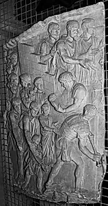 Besejrede dakere (mænd, kvinder og børn) overgiver sig, Trajan søjlen by Ubekendt
